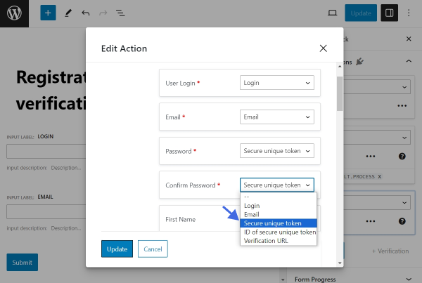 fields added to post submit actions by the verification action