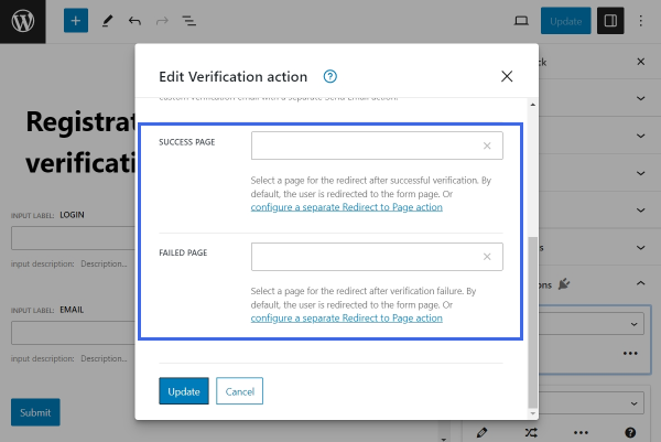 select the custom page to redirect the user after email verification