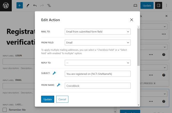 setting up a send email action to send users an email after successful registration
