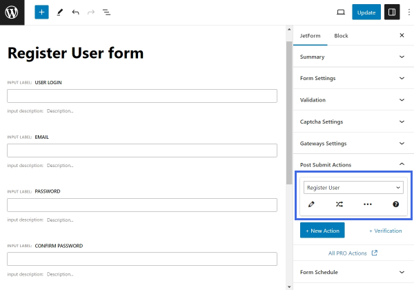 adding a register user post-submit action in a registration form