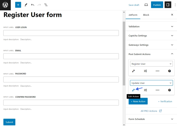 adding the update user action to a registration form