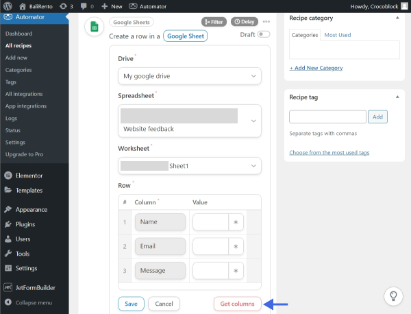 configuring the google sheet action in uncanny automator