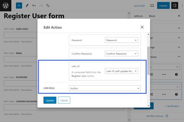 configuring update user action