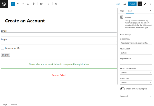 display the registration form with the jetform block in block editor