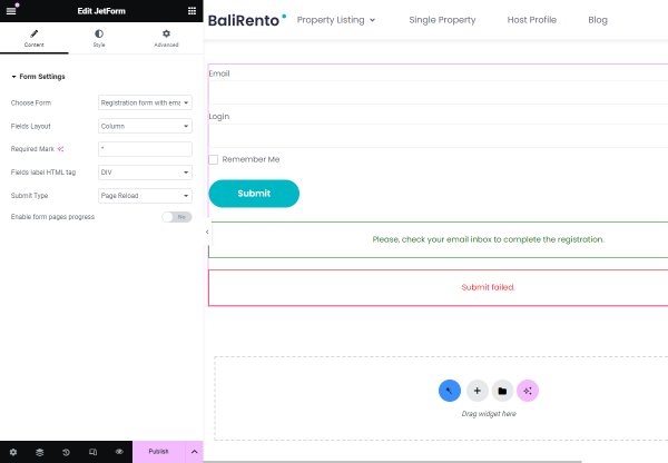 display the registration form with the jetform widget in elementor