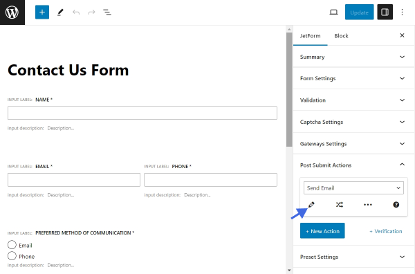 edit the send email action in a contact us form in jetformbuilder