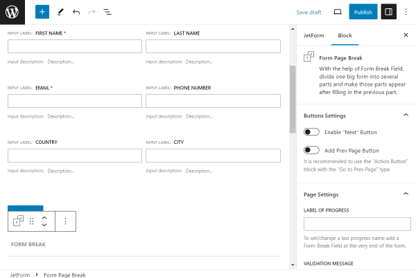 form page break field in the form