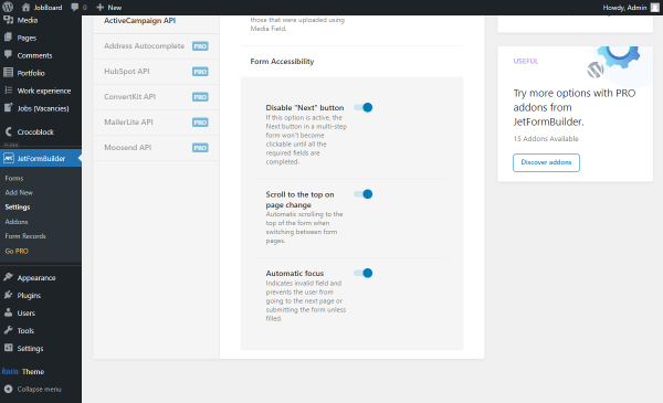 jetformbuilder settings