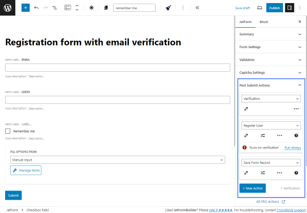 post-submit actions added with the register user pattern