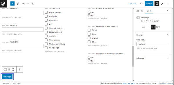 previous page field in the form