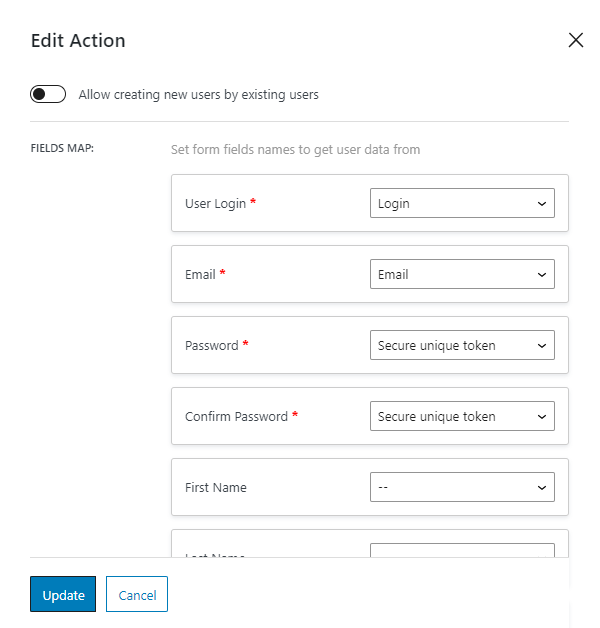 register user action fields map