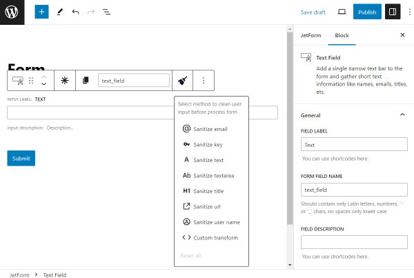 sanitize data options for the text field