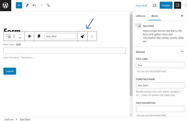 sanitize icon in the text field settings panel