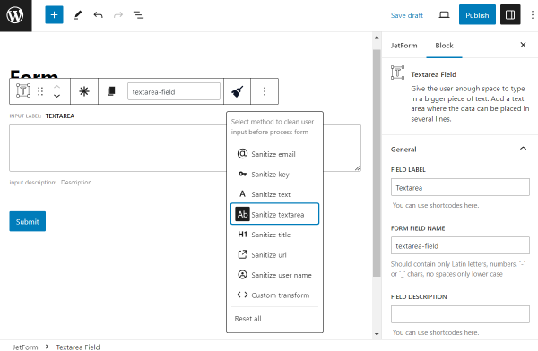 sanitize textarea feature