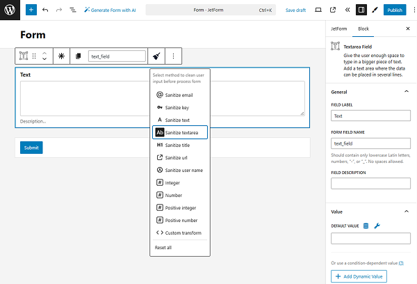 sanitize textarea method