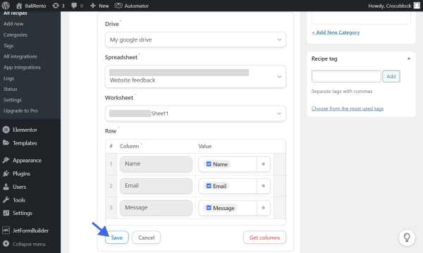 saving the action settings in a recipe