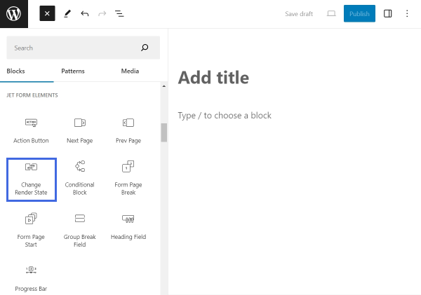 using block inserter in block editor to add the change render state field