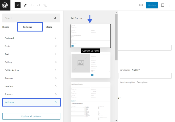 using contact form pattern in jetformbuilder