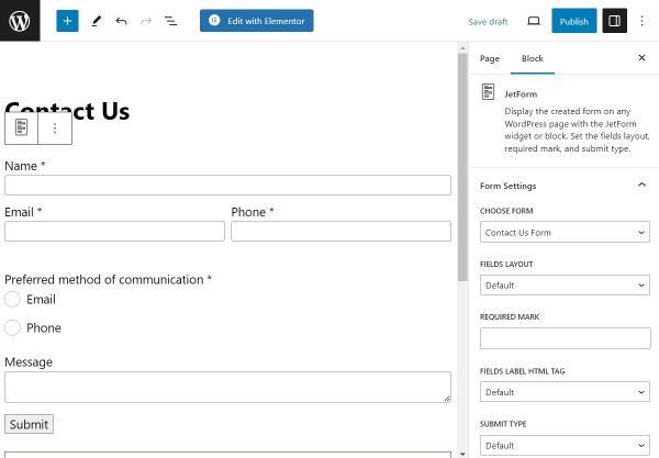 using the jetform block to display the contact form in block editor