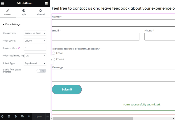 using the jetform widget to display the contact form in elementor