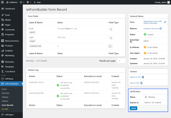 verification section in the form details