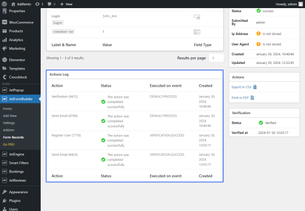 verified form actions log