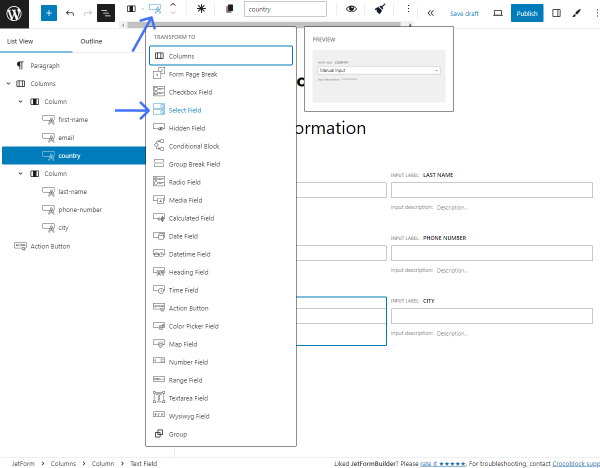 changing field type to the select field