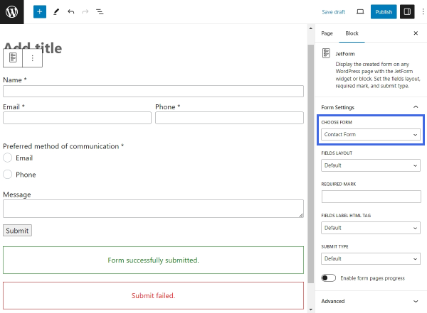 choose the form in the jetform block settings