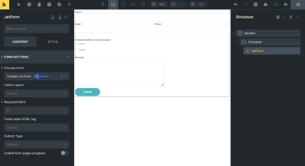 choose the form in the jetform element settings