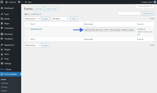 finding the form shortcode in the jetformbuilder tab of wordpress menu