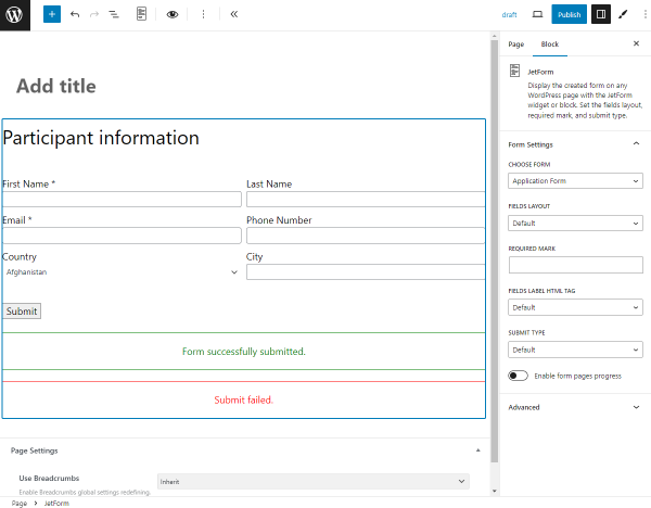 placing the form on the page