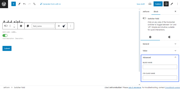 advanced settings of the switcher field block