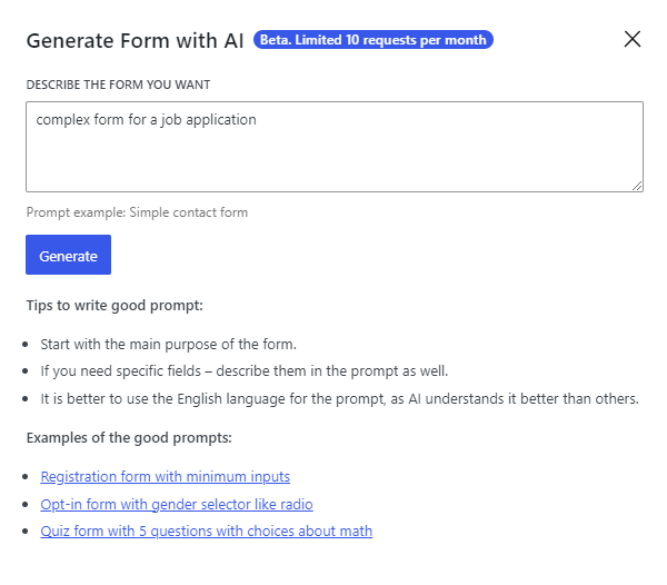complex form for a job application