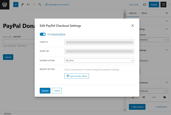 edit paypal checkout settings pop-up