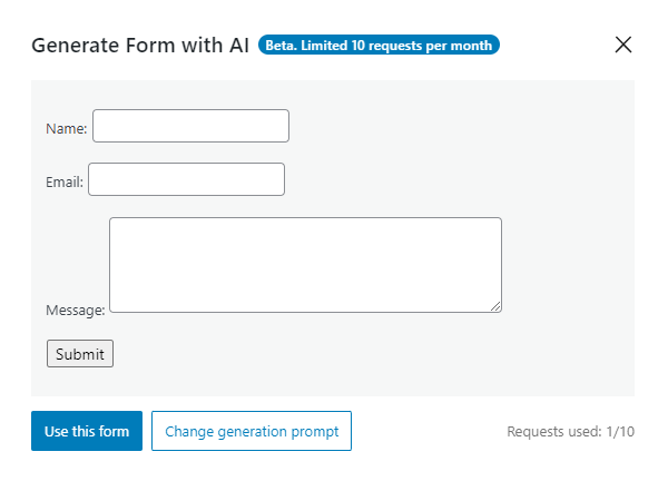 fields preview of the form created with the Open AI generator