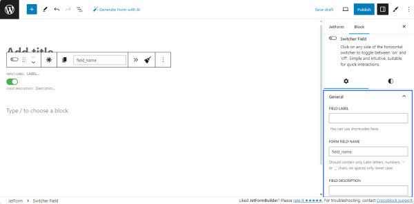 general settings of the switcher field block