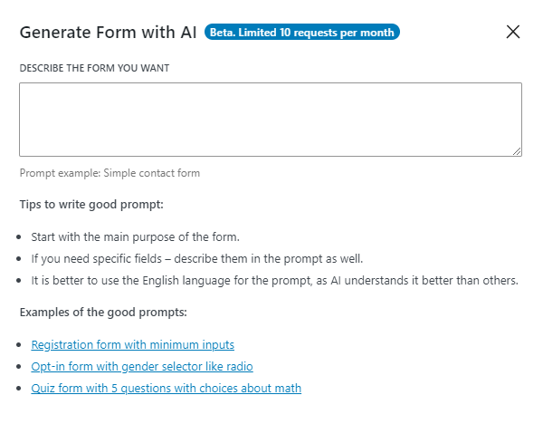 generate form with AI pop-up