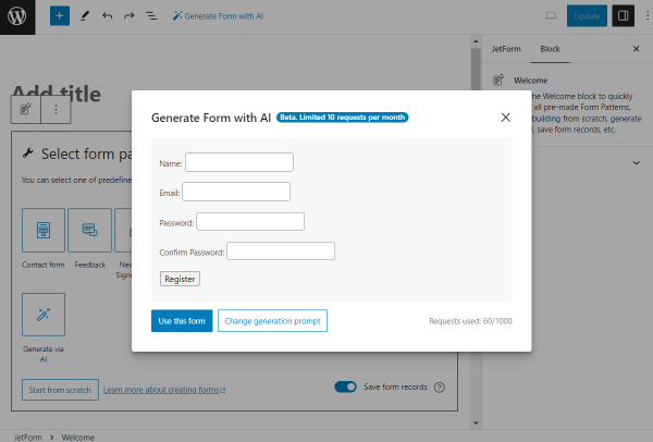 generated form pop-up