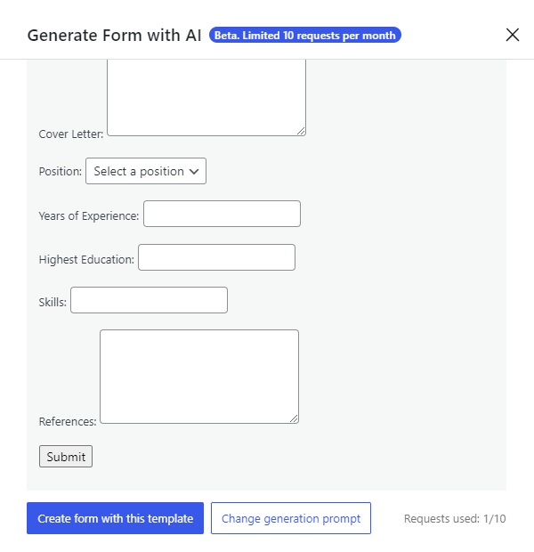 job application form fields generated with open AI