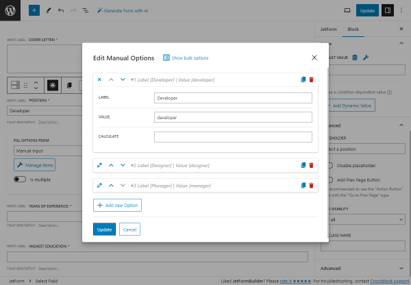 manual options in the select field