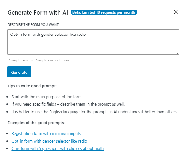 opt-in form with gender selector like radio