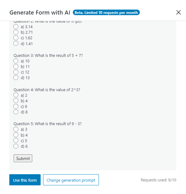 quiz form fields generated with open AI