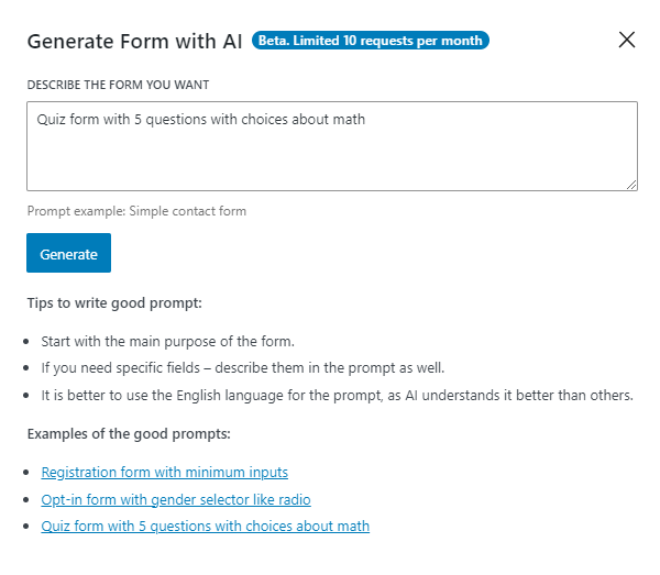 quiz form with 5 questions with choices about math