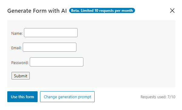 registration form fields generated with open AI