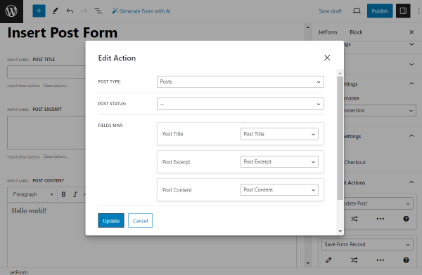 the insert update post action for insert post form