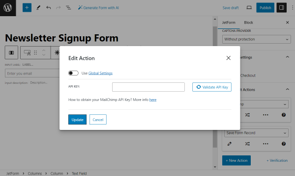 the mailchimp action for the newsletter signup form