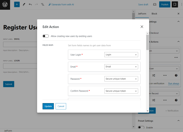 the register user action for the register user form