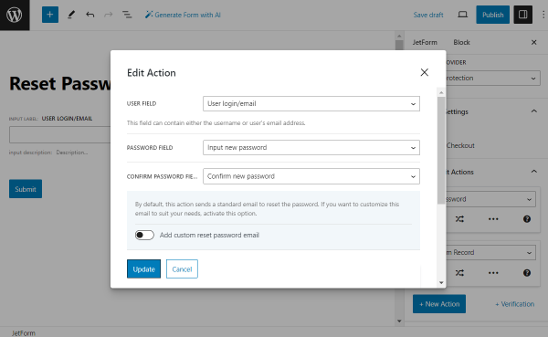 the reset password action for reset password form