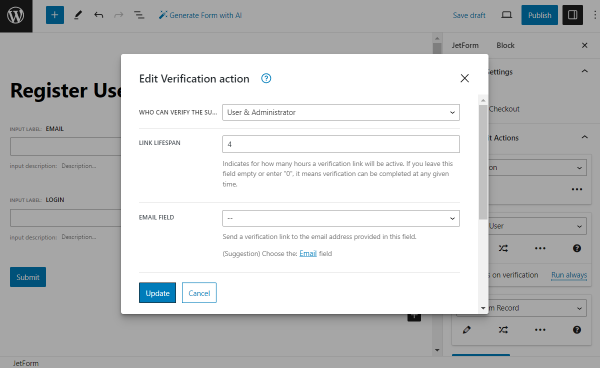 the verification action for the register user form
