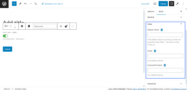 value settings of the switcherfield-block